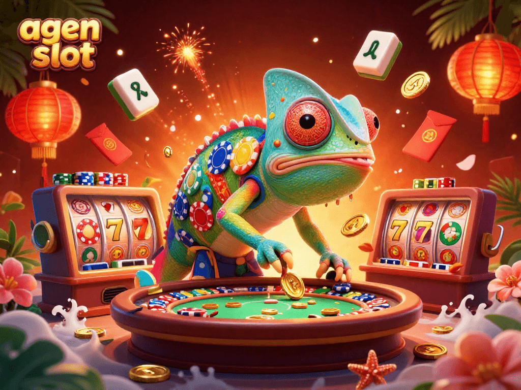 Memenangkan permainan agen slot dengan ilustrasi chameleon kasino yang mempesona dan simbol keberuntungan di sekitar setiap elemen.