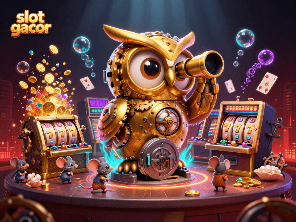 Menangkan slot gacor dengan simbol mesin slot dan kekayaan di kasino dalam ilustrasi 3D yang menarik.