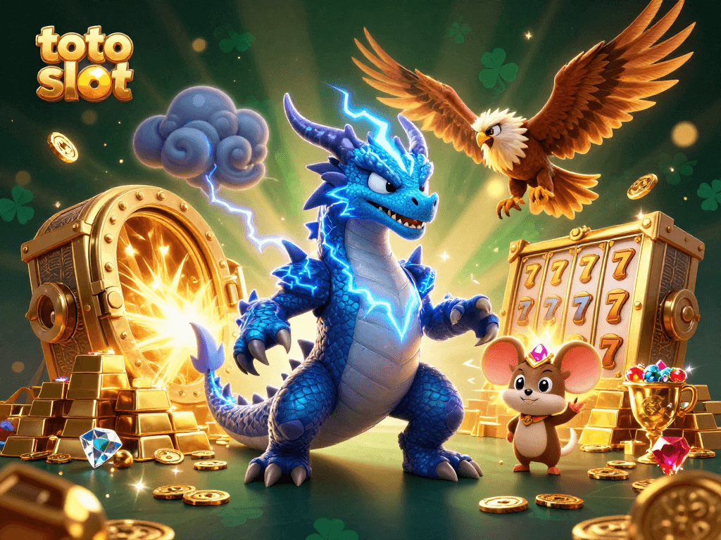 Menangkan hadiah besar bermain toto slot bersama naga petir dan hawk bersinar, dikelilingi harta karun.