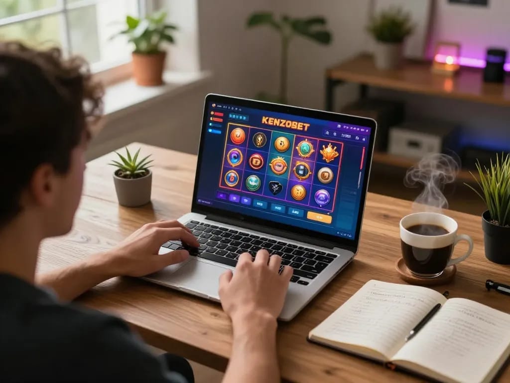 Player enjoying KENZOBET online slot game on laptop, showcasing a cozy home atmosphere.