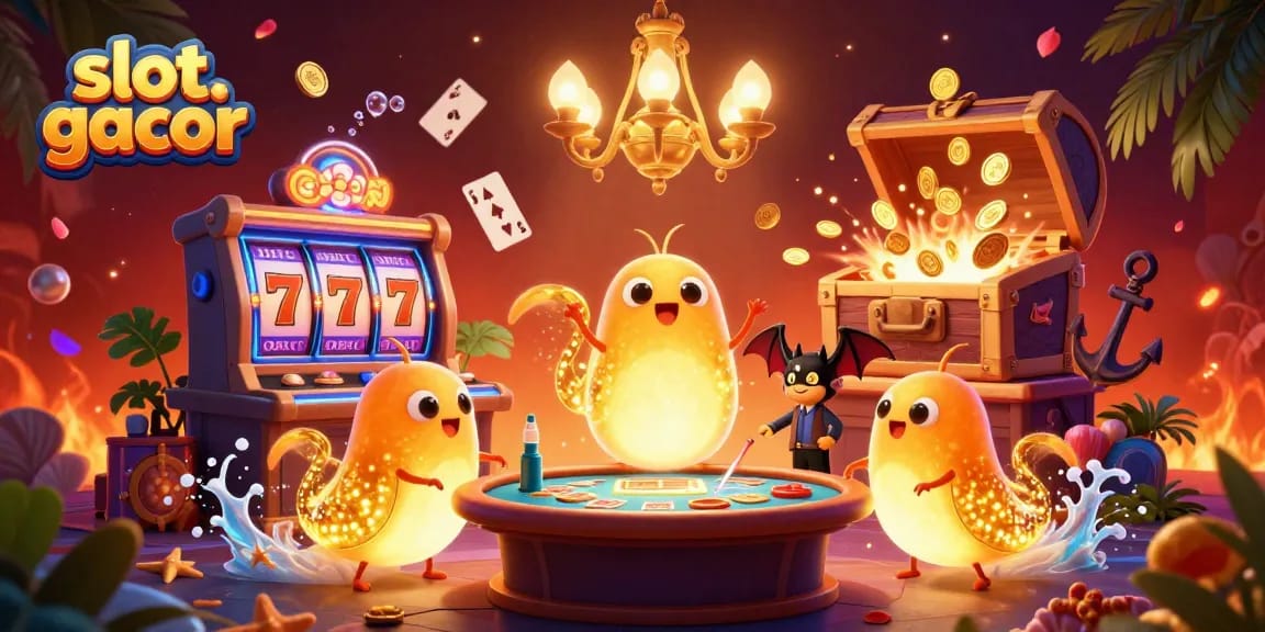 Menang slot gacor dengan ilustrasi tim glowworm menerangi ruang kasino penuh detail.