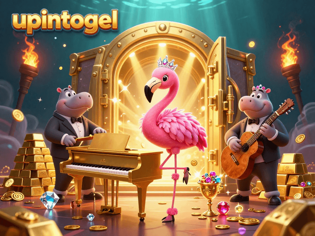 Engage with upintogel's vibrant casino scene featuring colorful characters and rich treasure.