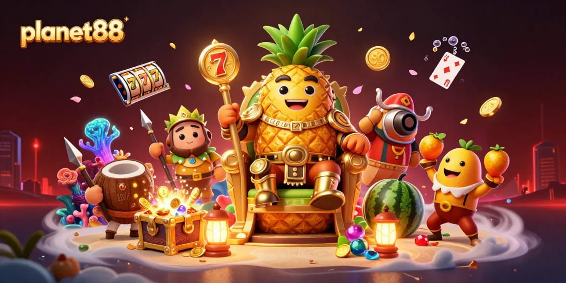 Spin the reels at planet88's vibrant casino world featuring golden pineapple king and exciting game elements.