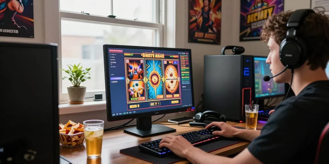 Player enjoying an exciting slot game experience with colorful graphics and gaming accessories.