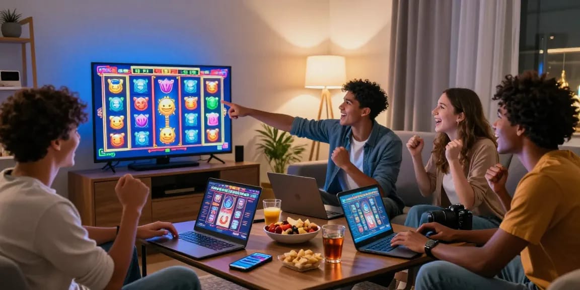 Engaged friends playing slot games online, showcasing modern gaming excitement in 2026.