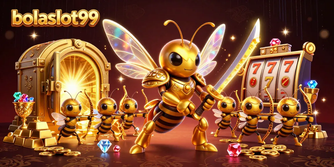 Bolaslot99 showcases a dynamic 3D casino scene with a samurai hornet and treasure elements.