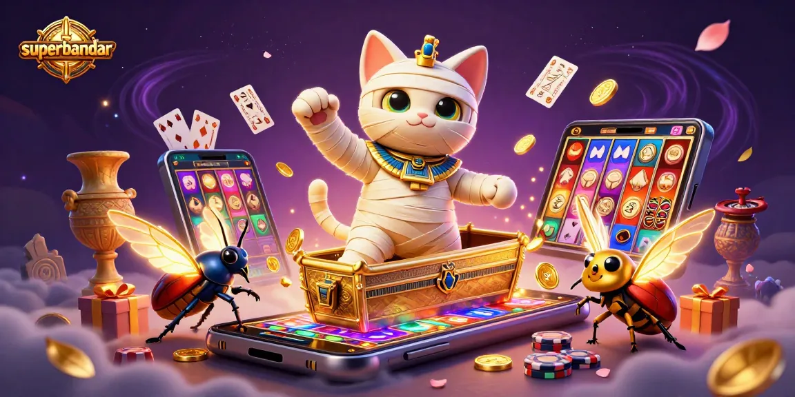 Permainan seru dengan superbandar, kucing mumi, dan elemen kasino penuh warna.
