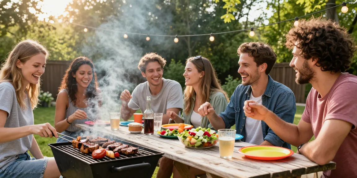 Teman-teman menikmati BBQ di halaman belakang dengan hidangan lezat, menciptakan kebersamaan yang hangat di sekitar BOS88.