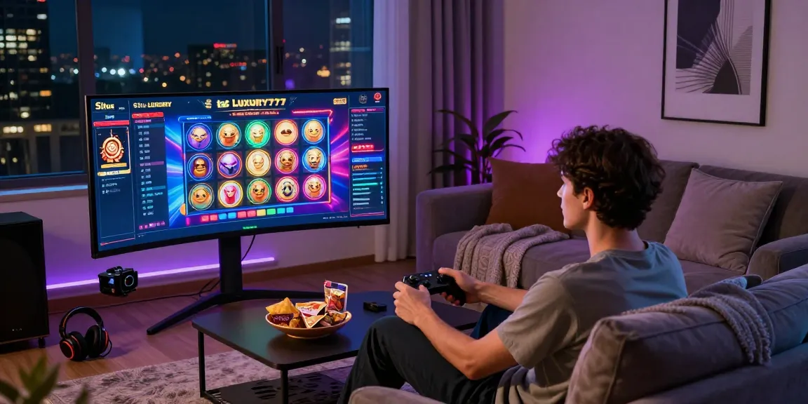 Pemain slot online Situs LUXURY777 dalam ruang tamu modern menikmati pengalaman bermain game yang seru.