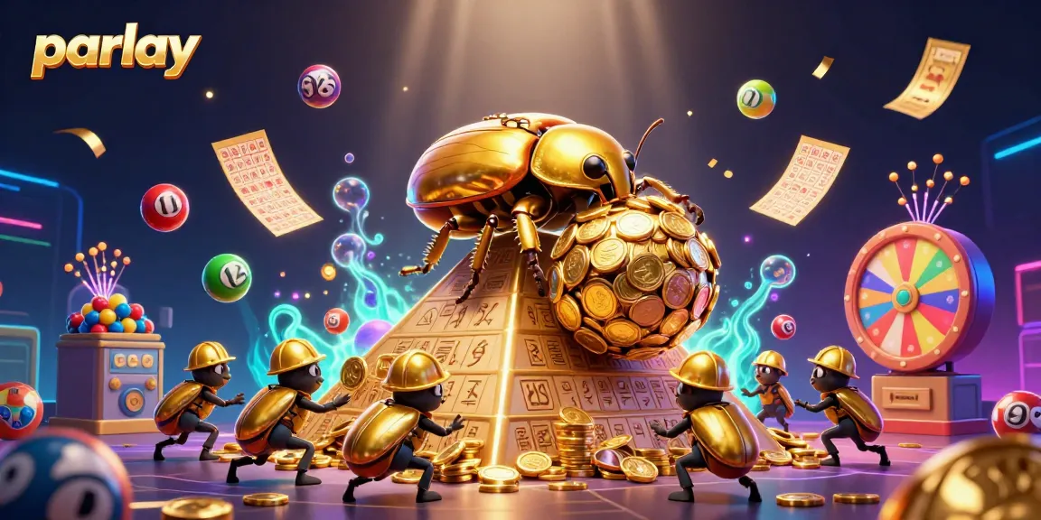 Engage in parlay betting as a golden beetle rolls coins amid vibrant casino elements.