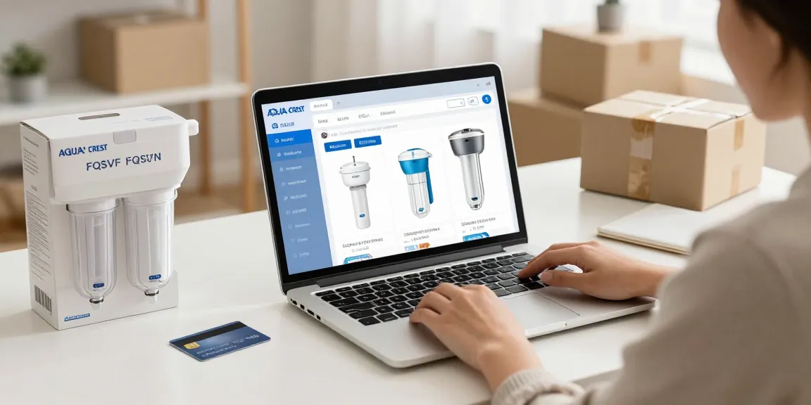 AQUA CREST FQSVF FQSVN Under Sink Water Filter featured in online shopping layout with product reviews and best deals from e-commerce platform.