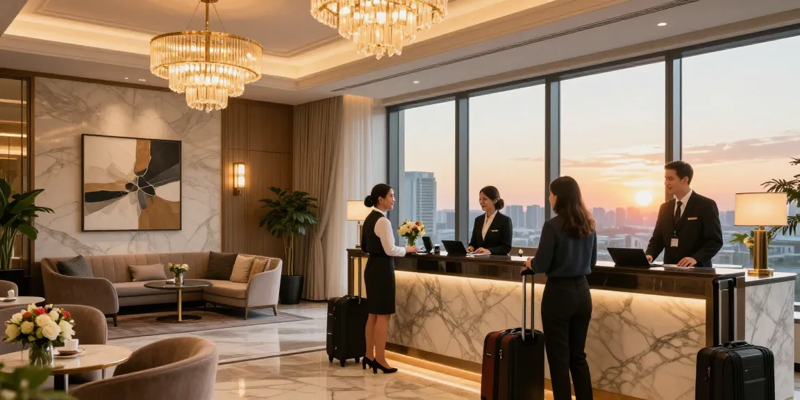 rokok88 welcoming atmosphere in the luxurious lobby of Carter Hotel with elegant staff and stunning interiors.