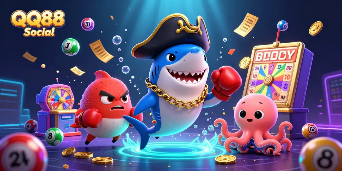 Engage with QQ88 Social's vibrant gaming scene featuring a pirate shark, pufferfish, and octopus amidst lottery chaos.