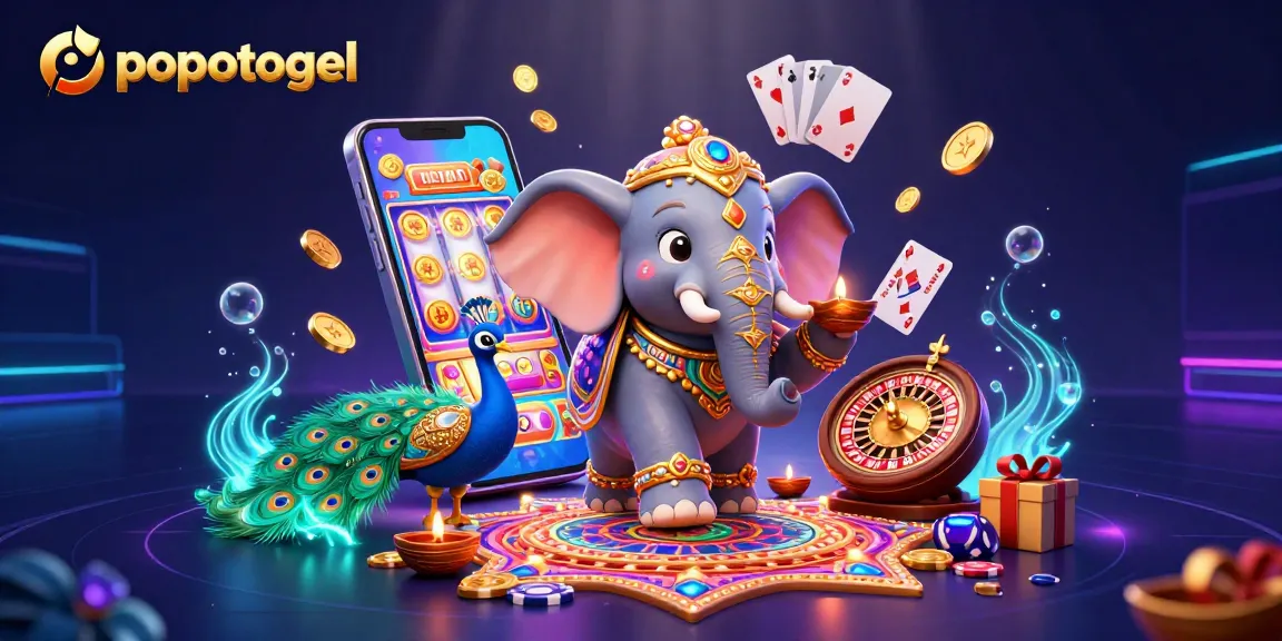 Permainan popotogel dengan tema gajah Diwali dan merak, disertai slot game yang menampilkan kemenangan besar.