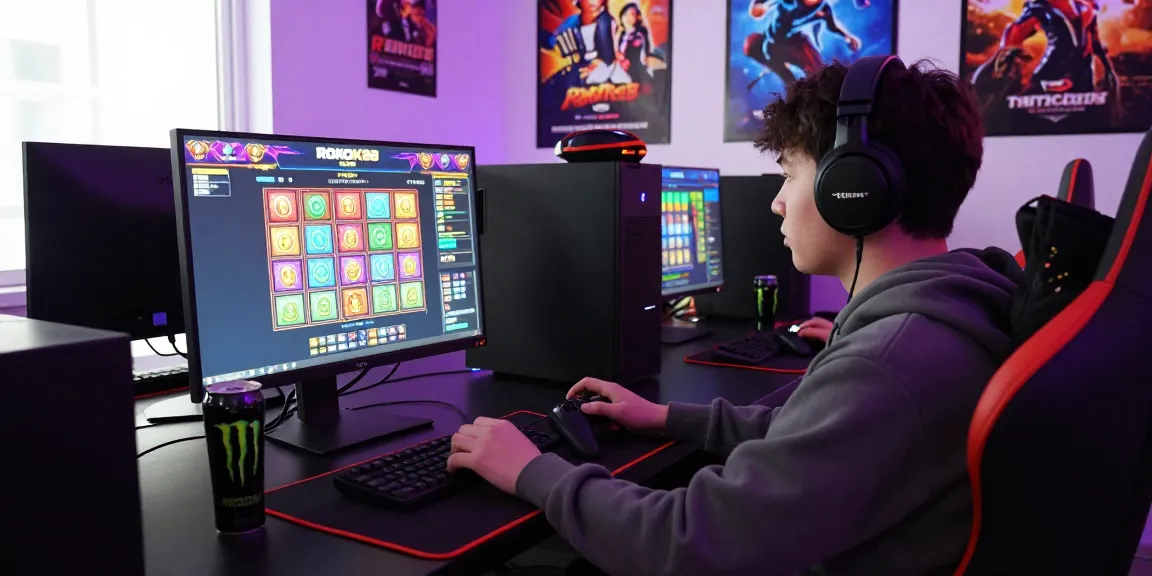 Player enjoying a thrilling rokok88 slot game on a vibrant desktop setup with gaming accessories.