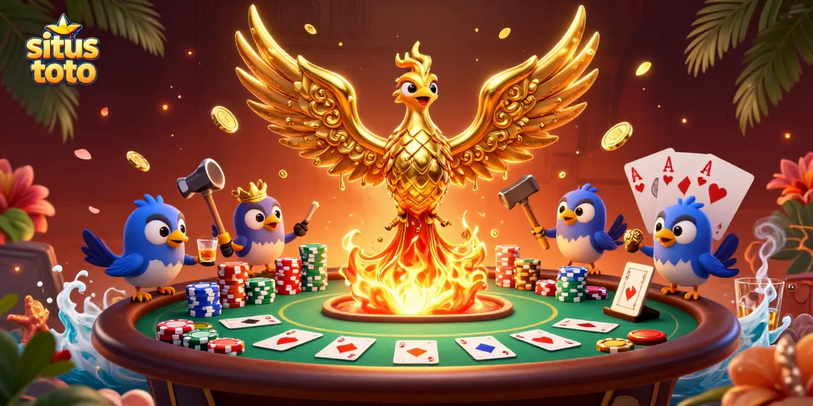 Mengakses situs toto dengan peluang menang tinggi, ilustrasi 3D menyajikan phoenix emas mendetail dan elemen kasino.
