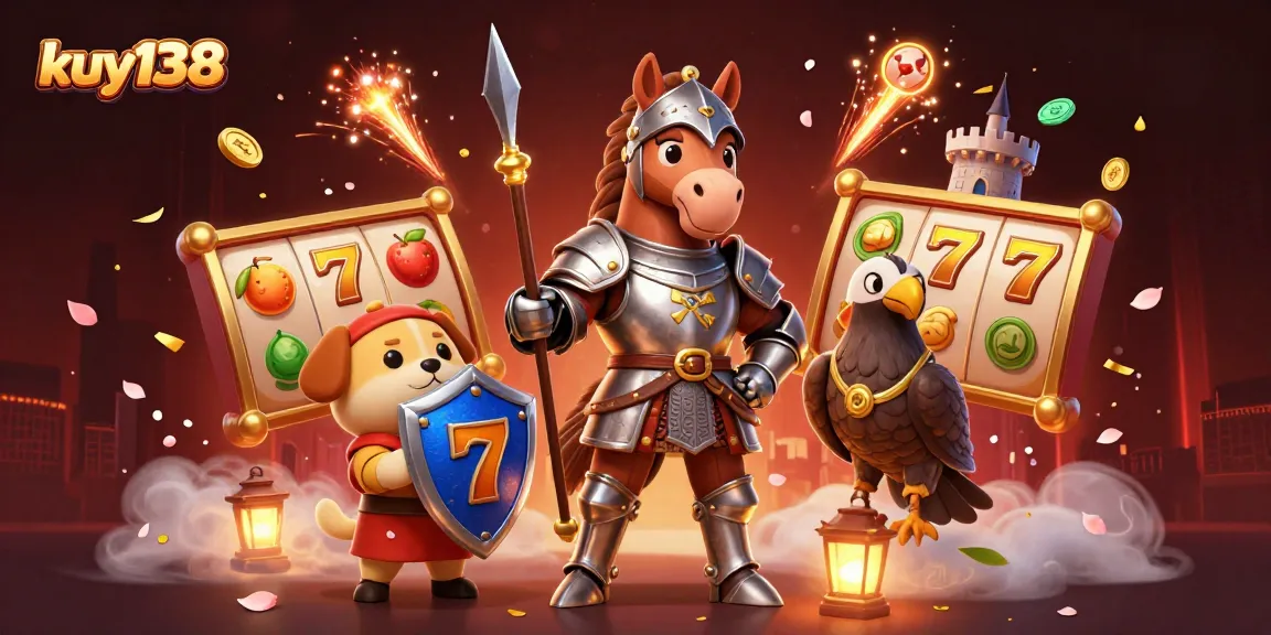 Gambaran kuasa kuy138 dengan mesin slot bersinar dan karakter heroik dalam pertempuran.
