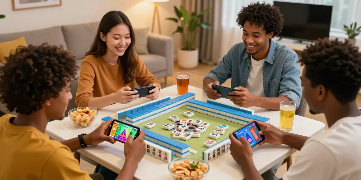 CIKA4D app showcased by friends enjoying a lively Mahjong game in a cozy setting.