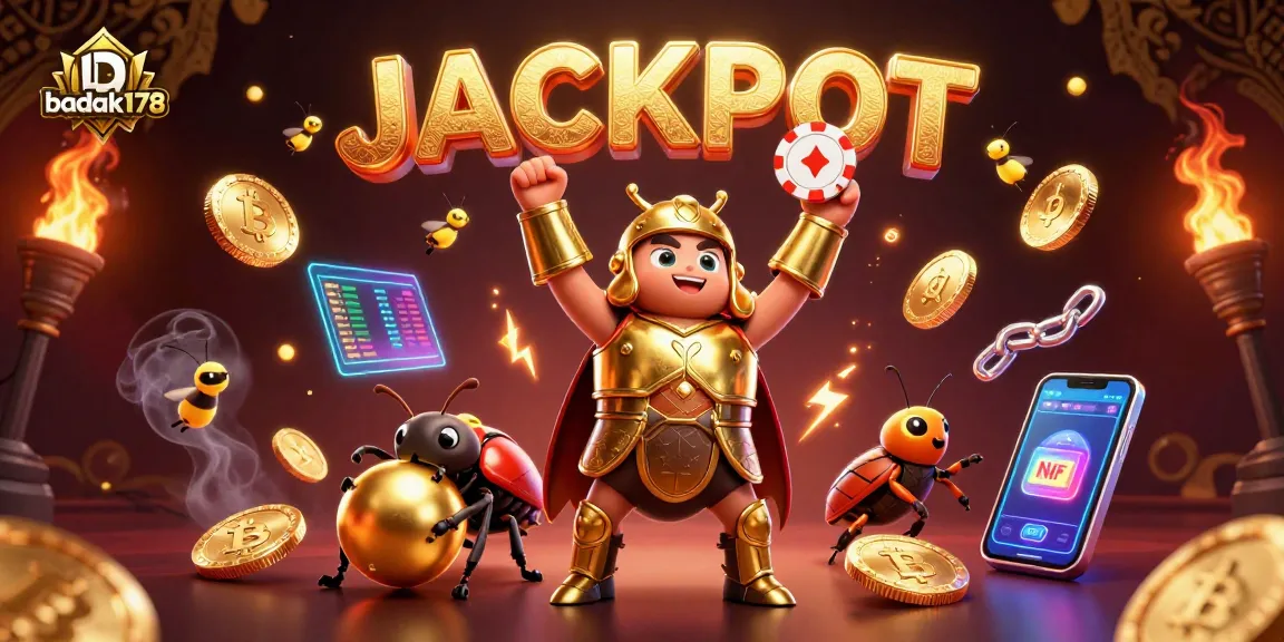 Experience the excitement of badak178 with a hercules beetle and vibrant casino elements highlighting the jackpot!
