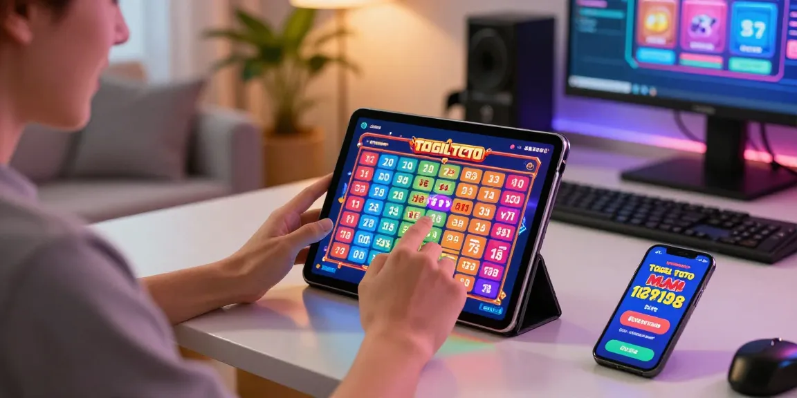 Excited player enjoying tempototo on a tablet in a cozy gaming setup, showcasing vibrant results graphics and promotions.