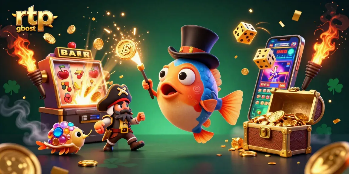 Visualisasi rtp gboslot dengan ikan pemancing bercahaya menarik koin emas dalam ilustrasi 3D