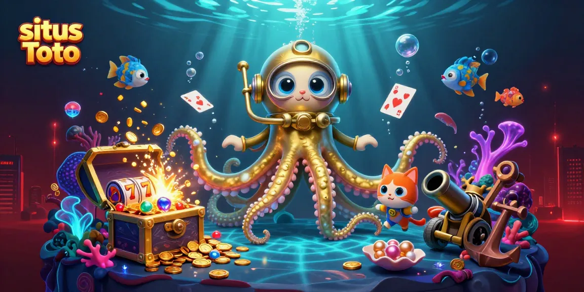 Engage with situs Toto by diving into an exciting world of slots and jackpots, featuring a kraken and a diving cat.