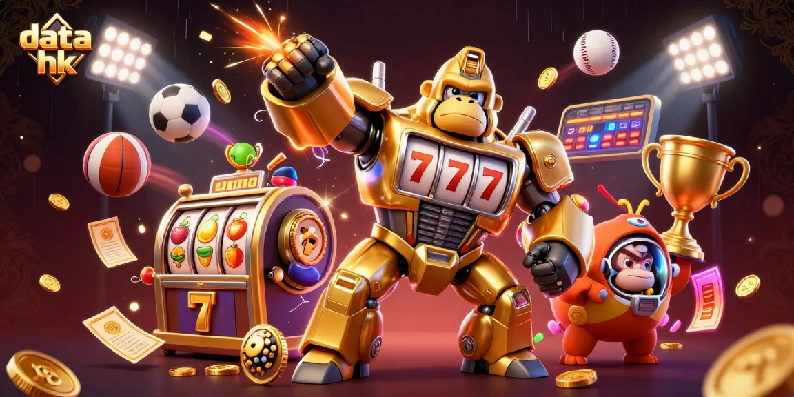 Menangkan permainan slot online di data hk dengan ilustrasi unik gorila emas dan elemen slot yang dinamis.