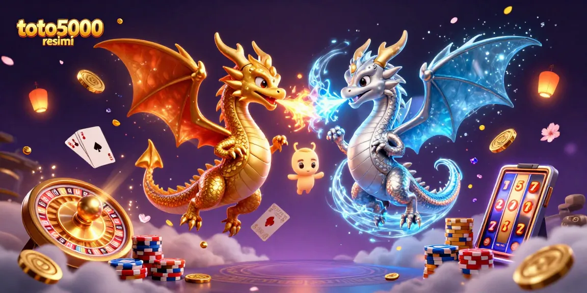 Experience the excitement of toto5000 resmi with this vibrant 3D illustration depicting dragons and casino elements.
