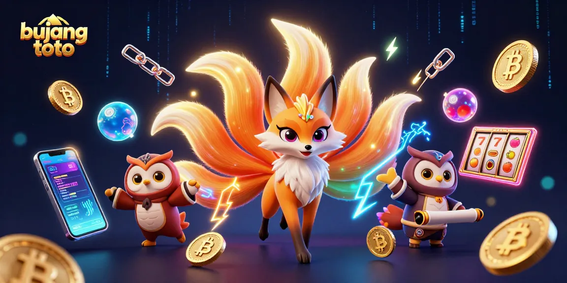 Gambarkan bujang toto dalam ilustrasi 3D dengan elemen permainan slot yang cerah dan menarik.