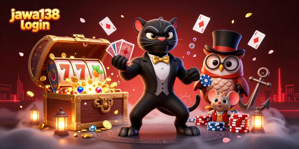 Visualisasikan dunia perjudian dengan jawa138 login, menunjukkan panther elegan bermain kartu di kasino virtual.