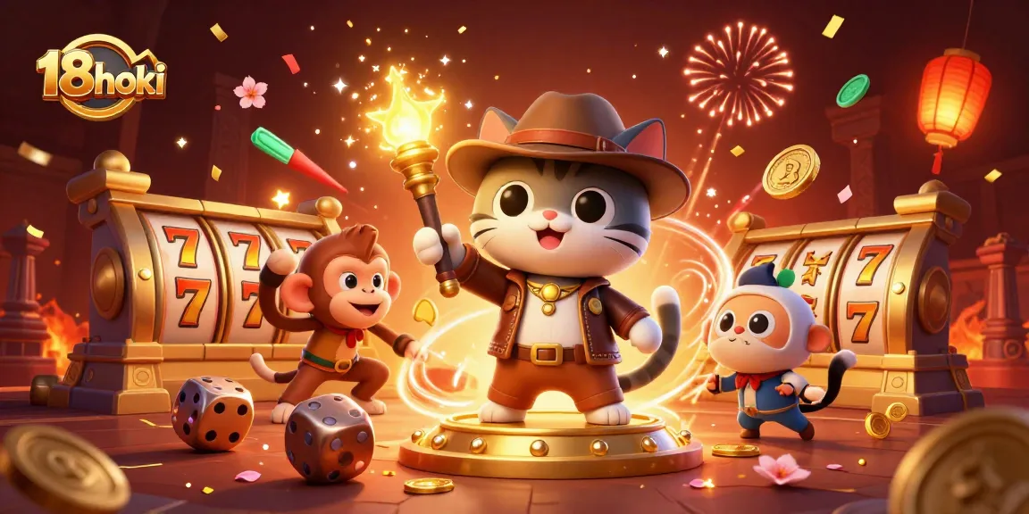Experience the thrill of 18hoki as a cat explorer uncovers a golden casino artifact amidst festive gambling symbols.
