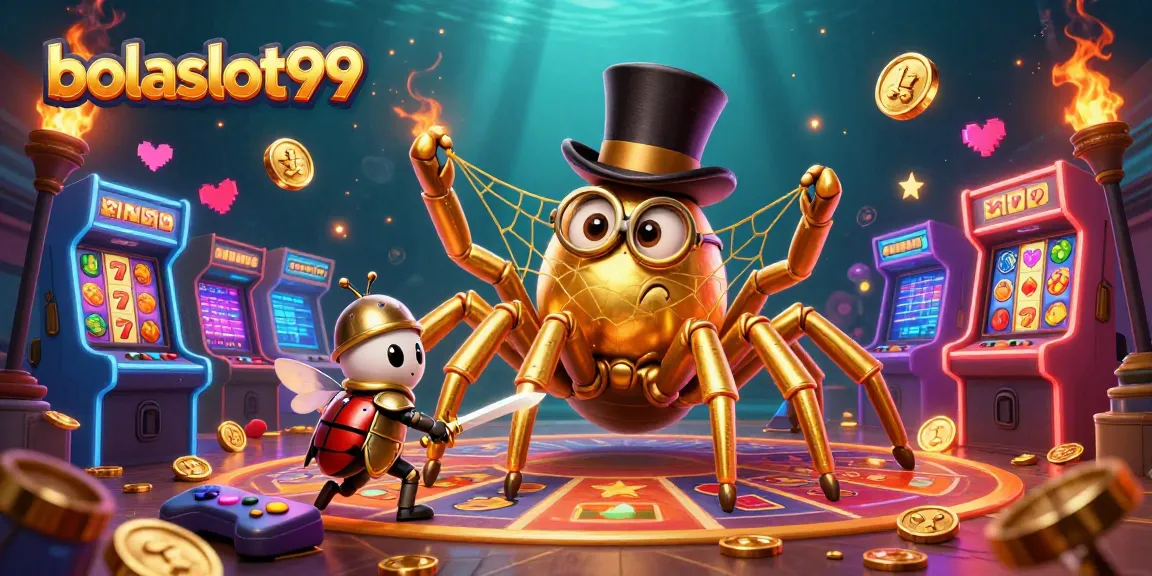 Engage with the whimsical bolaslot99 casino scene featuring a golden tarantula and beetle knight.