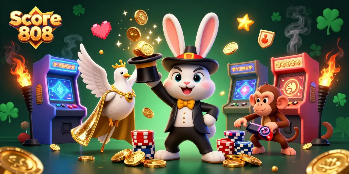 Score 808 showcases a lively illustration with a magician rabbit, dove, and monkey amidst casino elements.