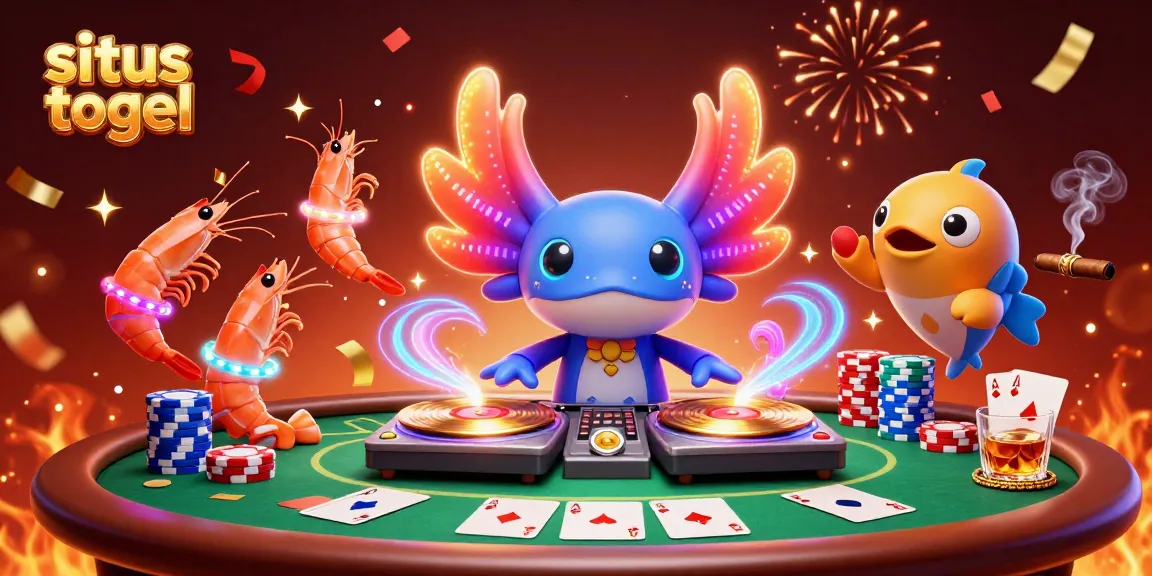 Gambar situs togel yang menampilkan DJ axolotl dengan udang berdansa dan ikan blowfish dalam suasana kasino bawah laut.