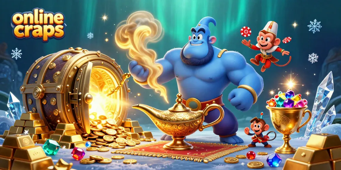 Experience thrilling online craps with a vibrant scene featuring a genie and treasures, all detailed in 3D.