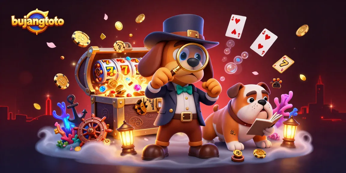 Bujangtoto menampilkan detektif 3D yang sedang mencari petunjuk chip poker emas, dikelilingi elemen permainan slot dan harta karun