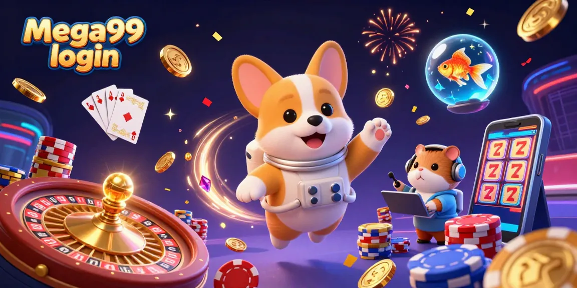 Experience mega99 login with an engaging space casino scene featuring playful characters and vibrant gaming elements.