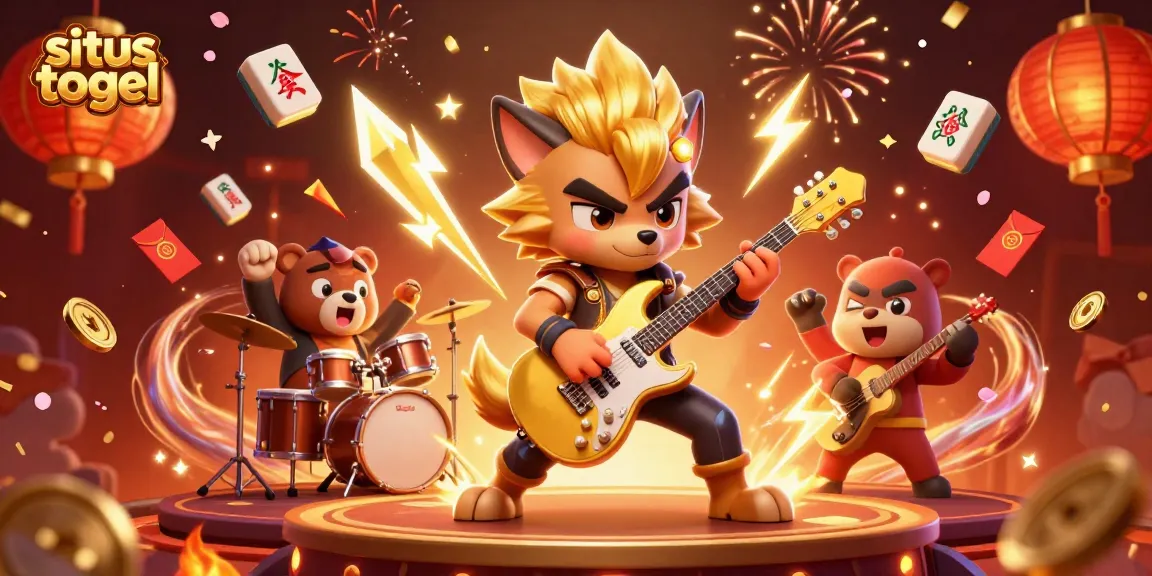 Gambarlah suasana situs togel dengan rock star wolf memainkan gitar emas di panggung kasino
