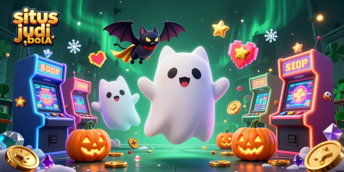 Experience the thrill of situs judi bola with a lively 3D illustration of a ghost cat and bat in a vibrant casino.