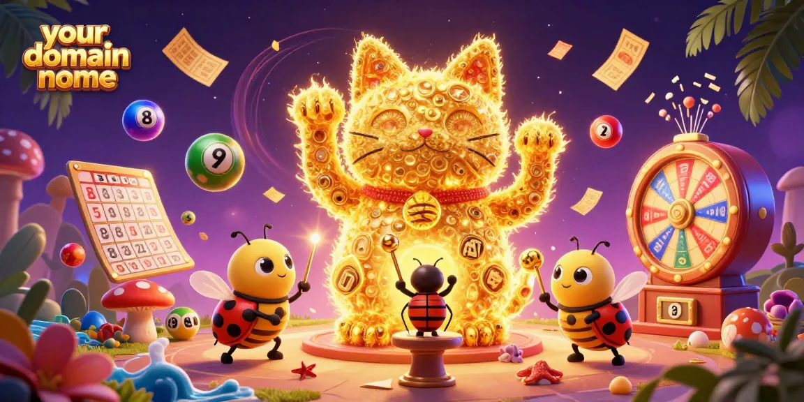 Experience the excitement of your domain name with a vibrant 3D illustration of a lucky cat and lottery elements.