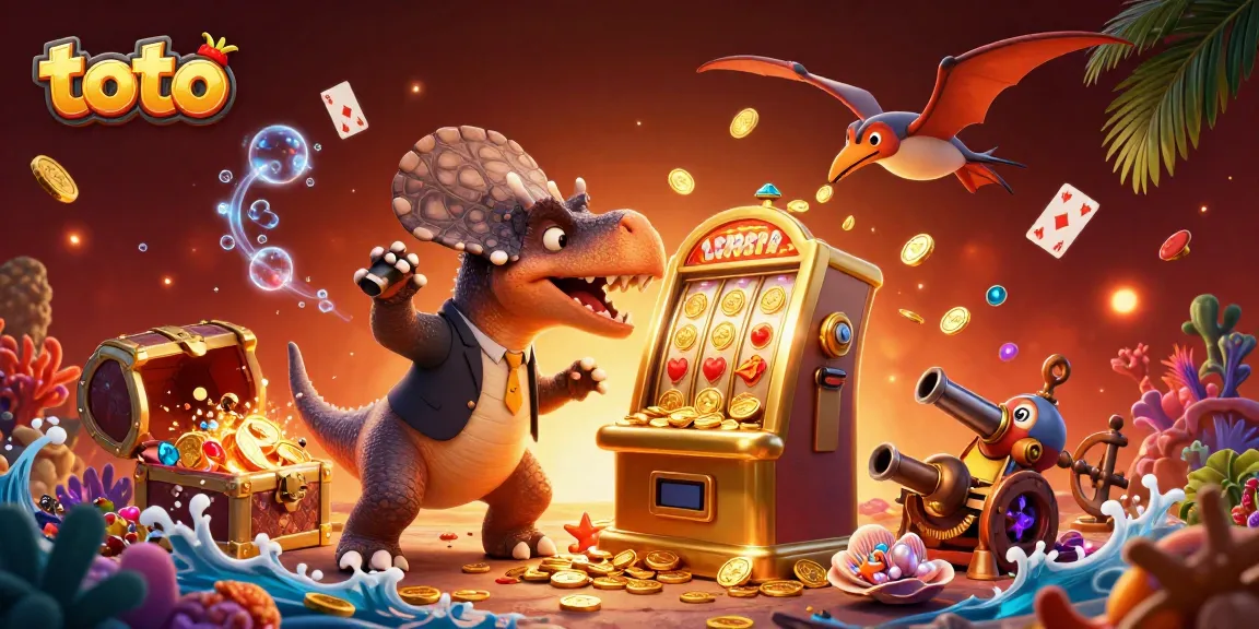 Toto melacak kemenangan di kasino dengan dinosaur menggunakan mesin slot emas dan mengumpulkan koin secara berkilau.