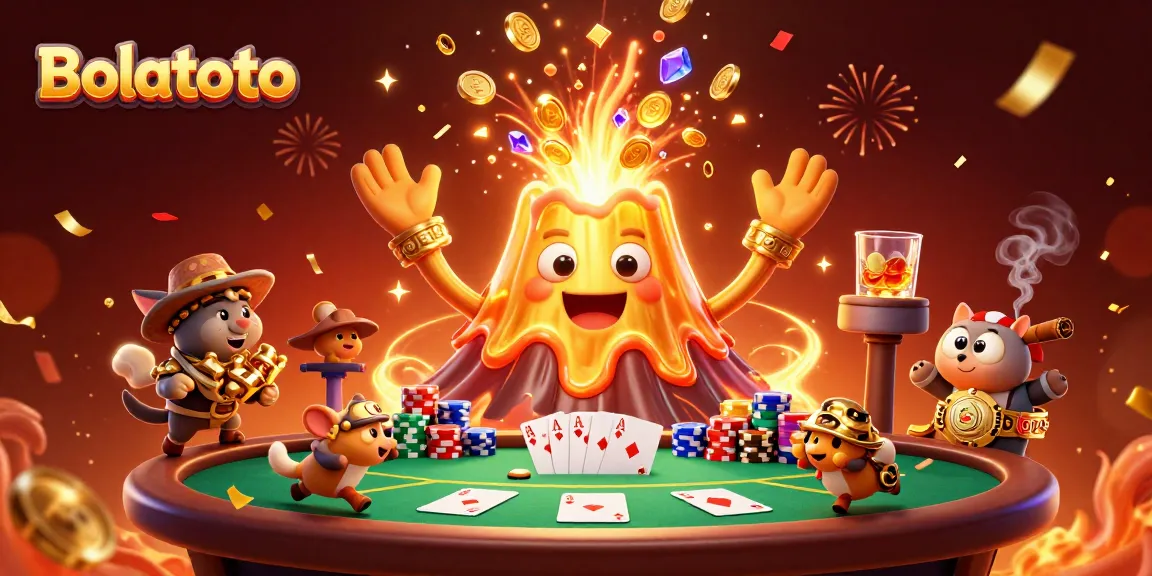 Experience Bolatoto's thrilling casino excitement with a vibrant volcano character and poker action.