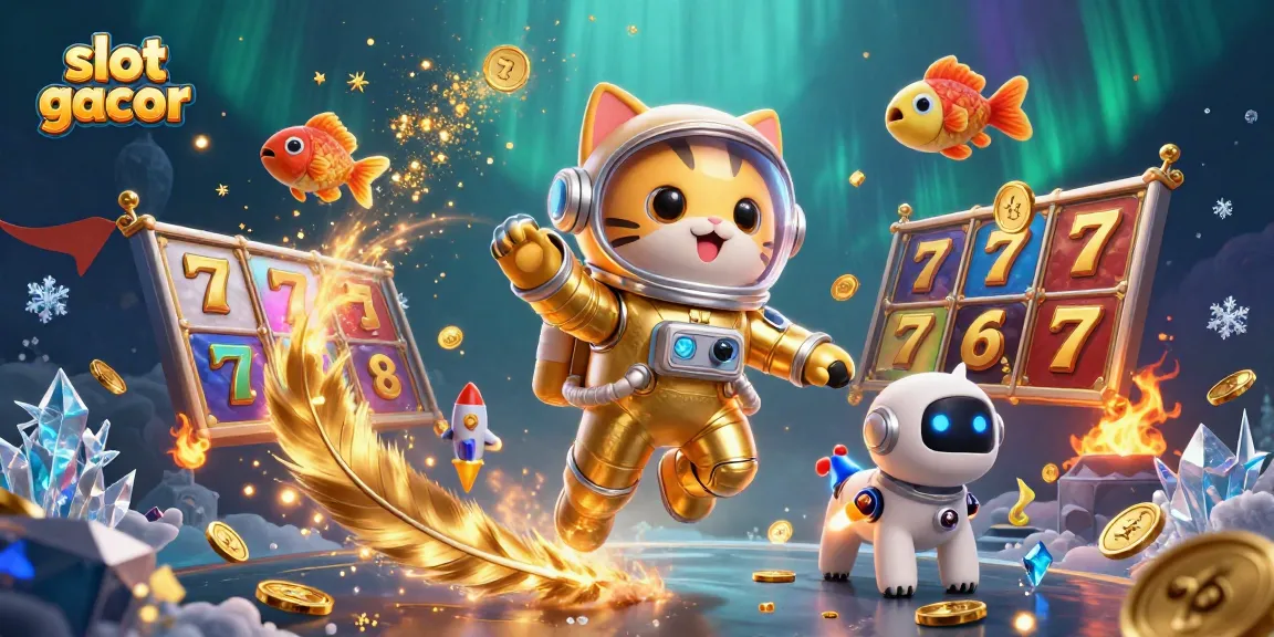 Slot gacor menampilkan kucing astronaut 3D dengan anjing robot dan ikan alien, memikat di dunia slot.