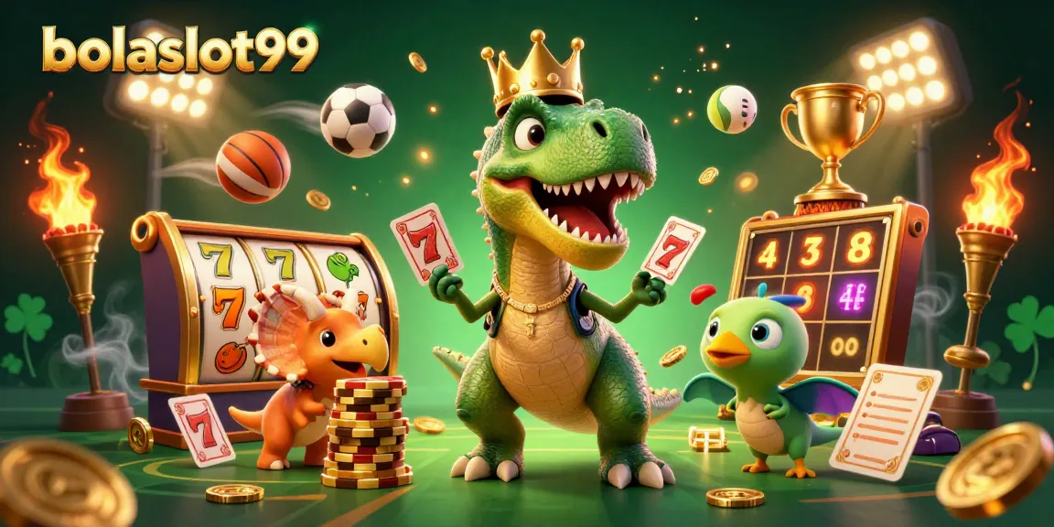 Bolaslot99 showcases a vibrant 3D casino scene with a T-Rex shuffling cards and a triceratops stacking chips.