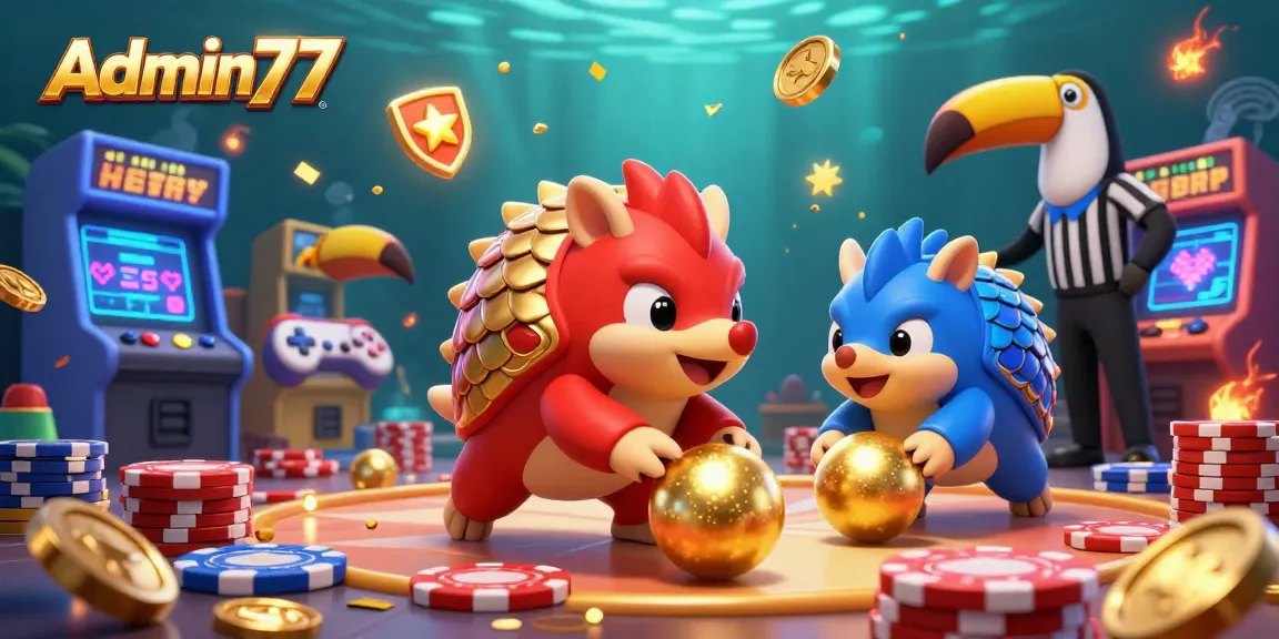 Experience thrilling gameplay with Admin77 as vibrant pangolins roll through golden chips in this dynamic 3D illustration.